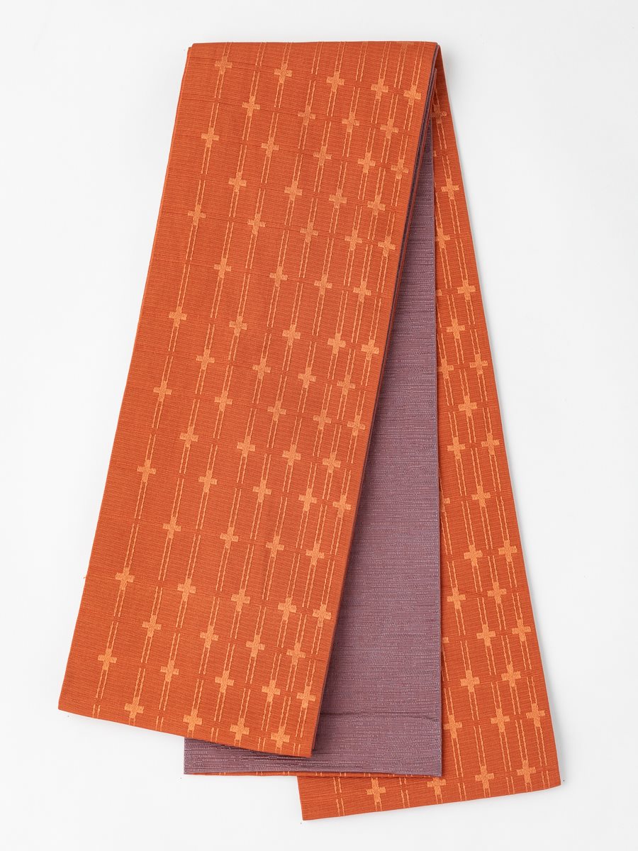 【 半巾帯 】 格子織|オレンジ