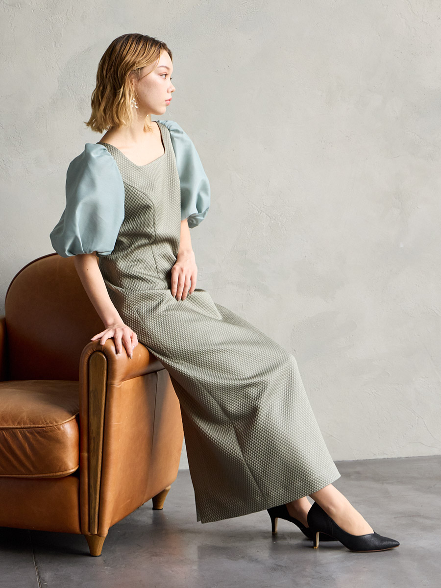 エメ　ジャカード×オーガンジーボリュームスリーブタイトドレス 試着キャンペーン対象】ジャカード×オーガンジーボリューム