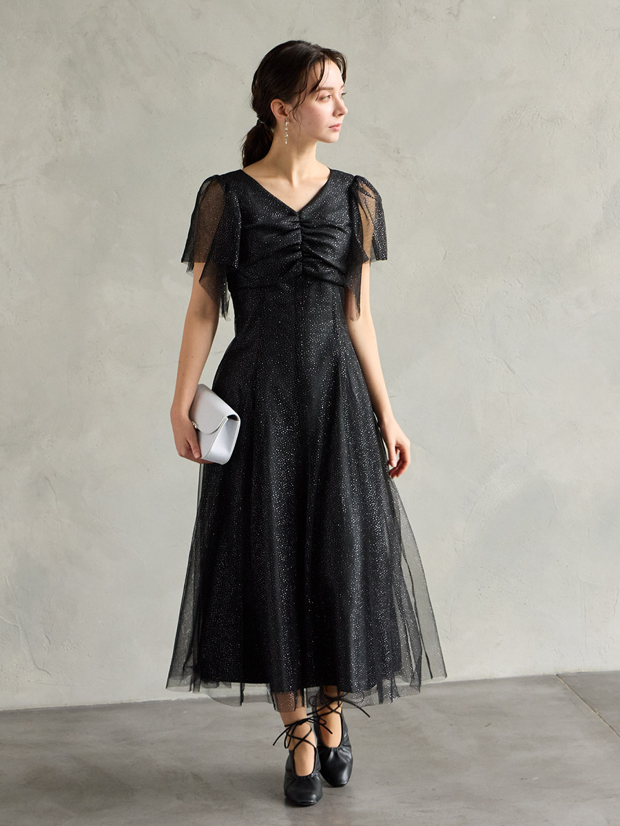 極美品！AIMER ancheギャザーチュールトップスオールインワンMダルブルー ダブルストラップキャミソールドレス×レースブラウス(M ブラック