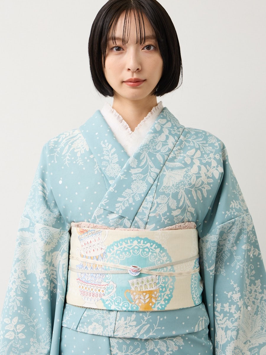 小紋　着物　フルセット　金　花　グレー　ブラウンベージュ　F7 くすみカラーガーリー ベージュ/からし/ライトブラウン 立体花