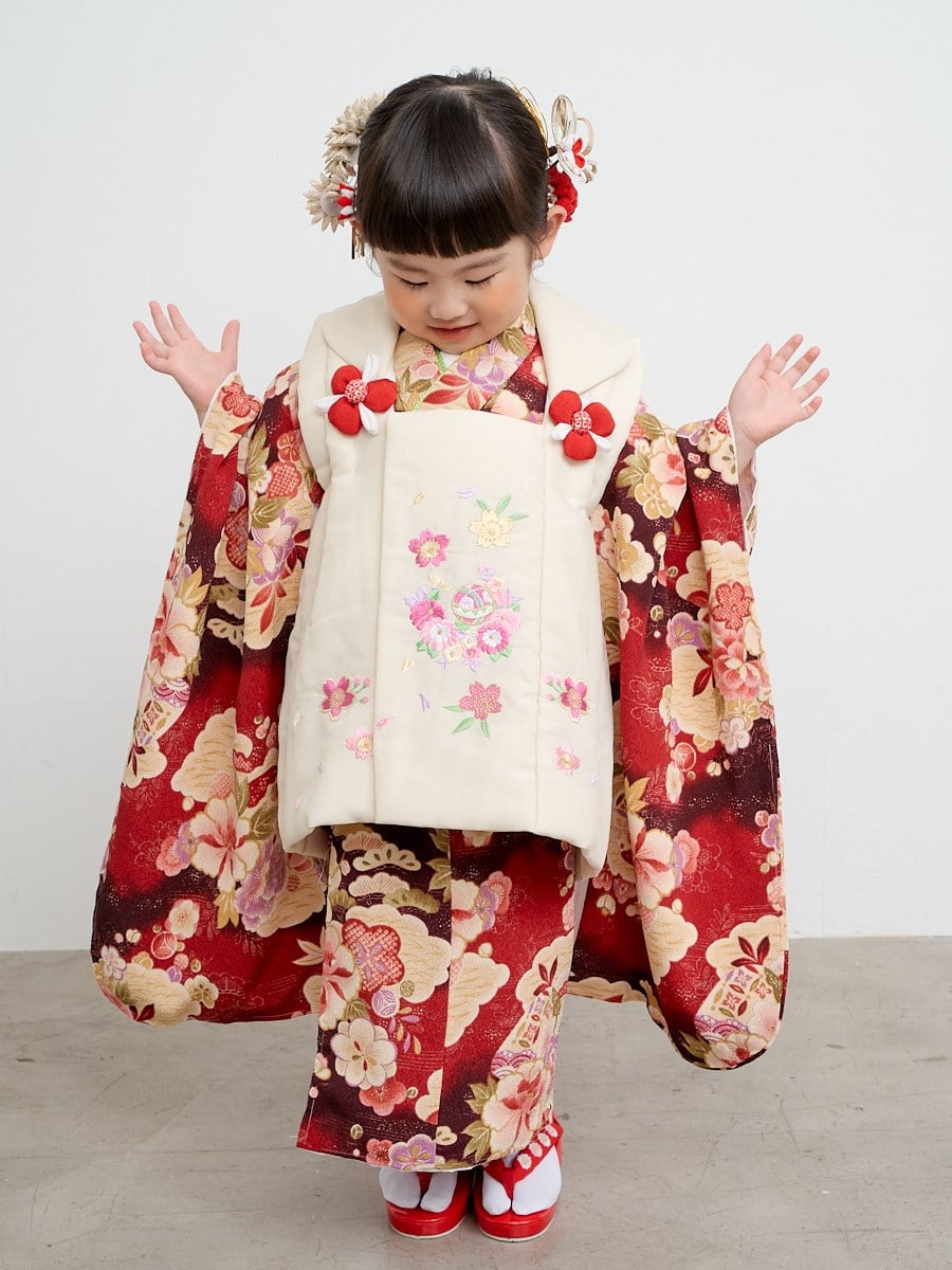 【正絹】 絹100％ 七五三 3歳 被布コート 単品 白 毬 刺繍 SH11-1