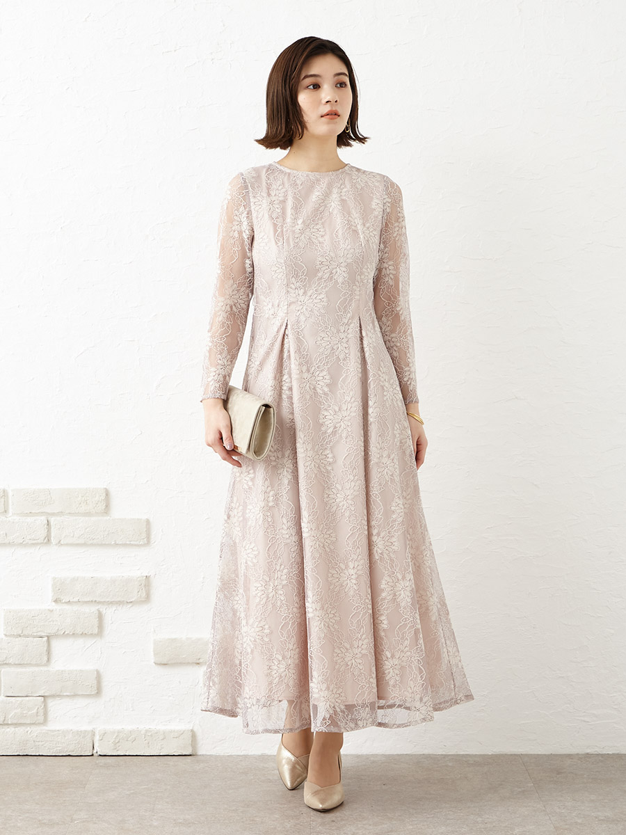フォーマル/ドレス美品 エメ ドレスワンピース S ベージュ ピンク 袖あり パーティードレス