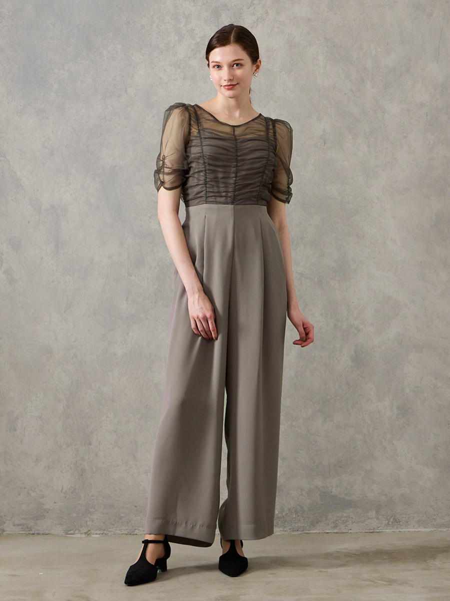 ギャザーチュールオールインワンパンツドレス(M ブラウン