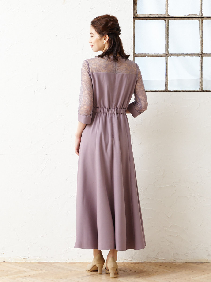 フラワーレース袖 ミモレ丈 ドレス M ネイビー Aimer エメ ミマツグループオンラインストア