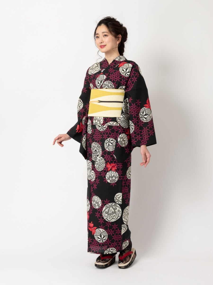 三松オリジナル浴衣「金魚とまり」(FREE ブラック): 三松・しゃら 