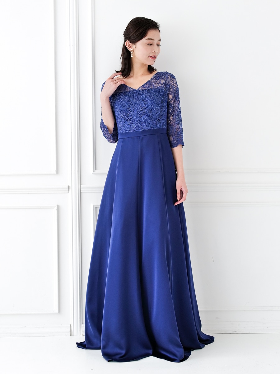 コードラッセルレース袖付きロングドレス 9号 ブルー Aimer エメ ミマツグループオンラインストア