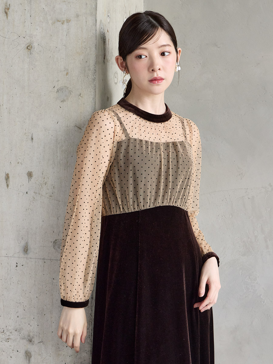 WEB限定】フロッキードットチュール×ベロアロングスリーブドレス(S