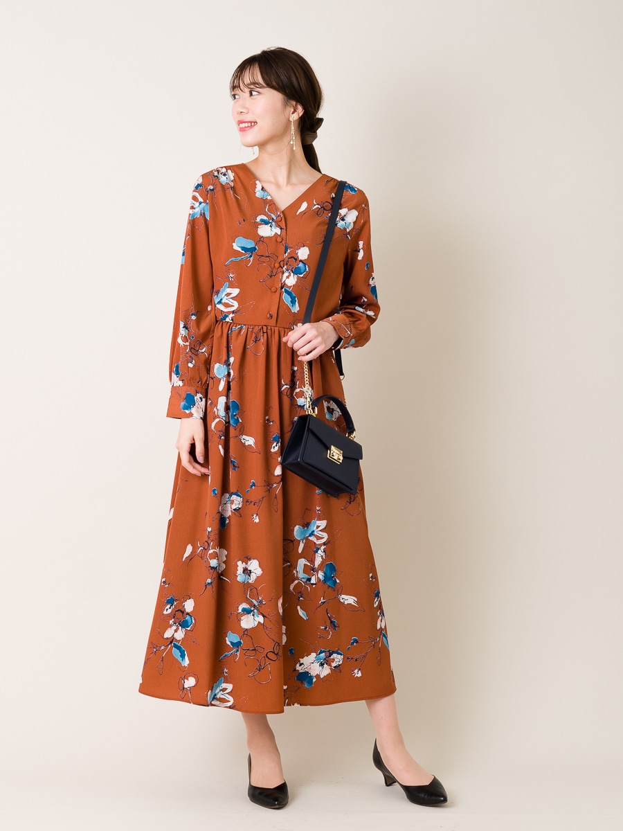 ｖネック花柄ワンピース M ブラウン Aimer エメ ミマツグループオンラインストア