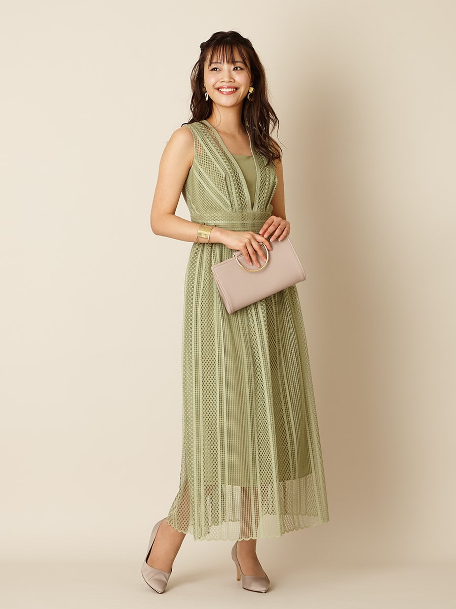 ボーダーレース ロングドレス 結婚式 2次会 パーティードレス S ピスタチオ Aimer エメ ミマツグループオンラインストア