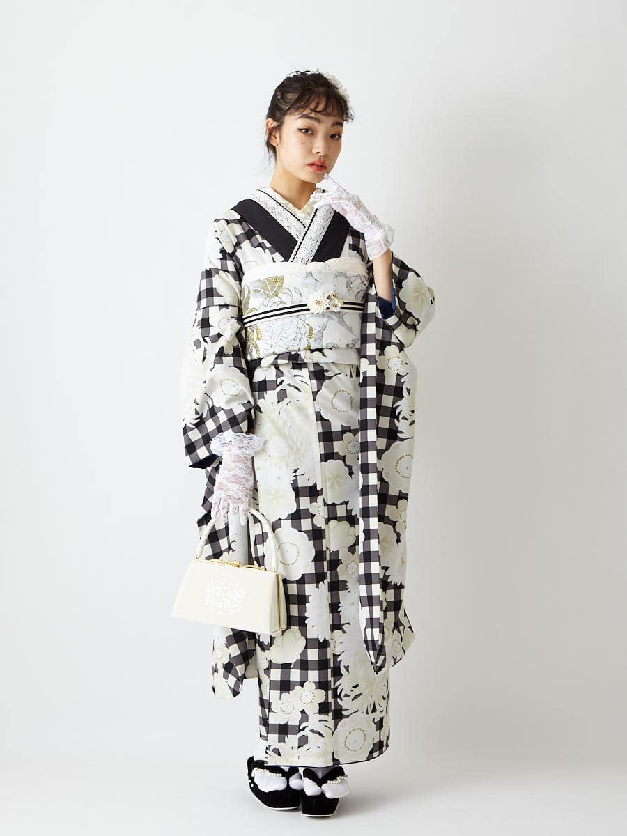 振袖コーディネート10点セット 振袖 ココアギンガム 袋帯 切替花刺繍 帯揚げ 帯締め 帯留め 重ね衿 半襟 グローブ 草履 バッグ Free ホワイト ふりふ ミマツグループ 公式通販サイト