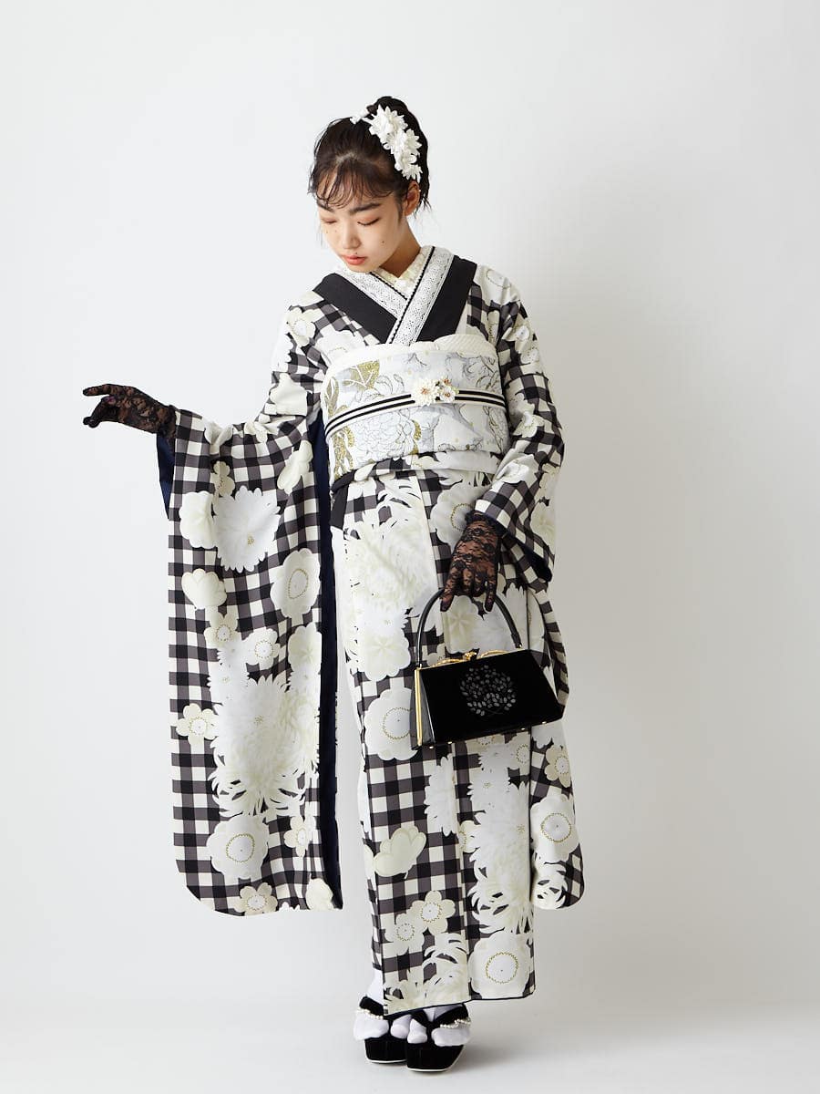 振袖コーディネート10点セット 振袖 ココアギンガム 袋帯 切替花刺繍 帯揚げ 帯締め 帯留め 重ね衿 半襟 グローブ 草履 バッグ Free ホワイト ふりふ ミマツグループ 公式通販サイト