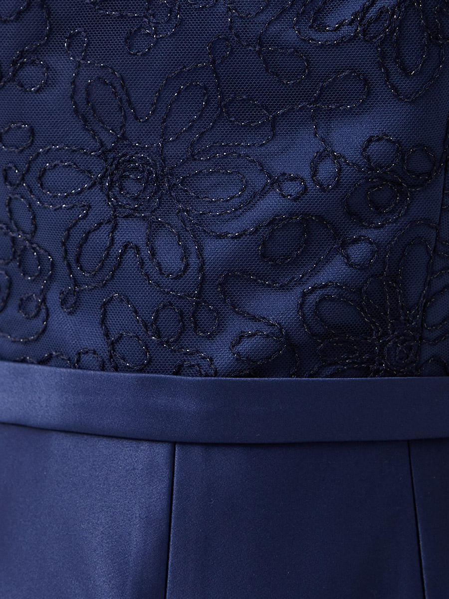 チュールリボン刺繍×ハードサテンフィット＆フレアードレス 