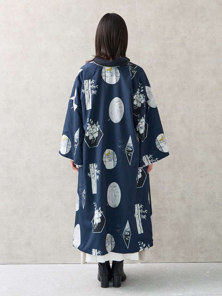 米沢織　リバーシブル羽織　新品羽織　ヨネオリ　山形米沢　縞羽織　黒い羽織　半纏 キャロル・妖 リバーシブルロング羽織(FREE チャコールグレー