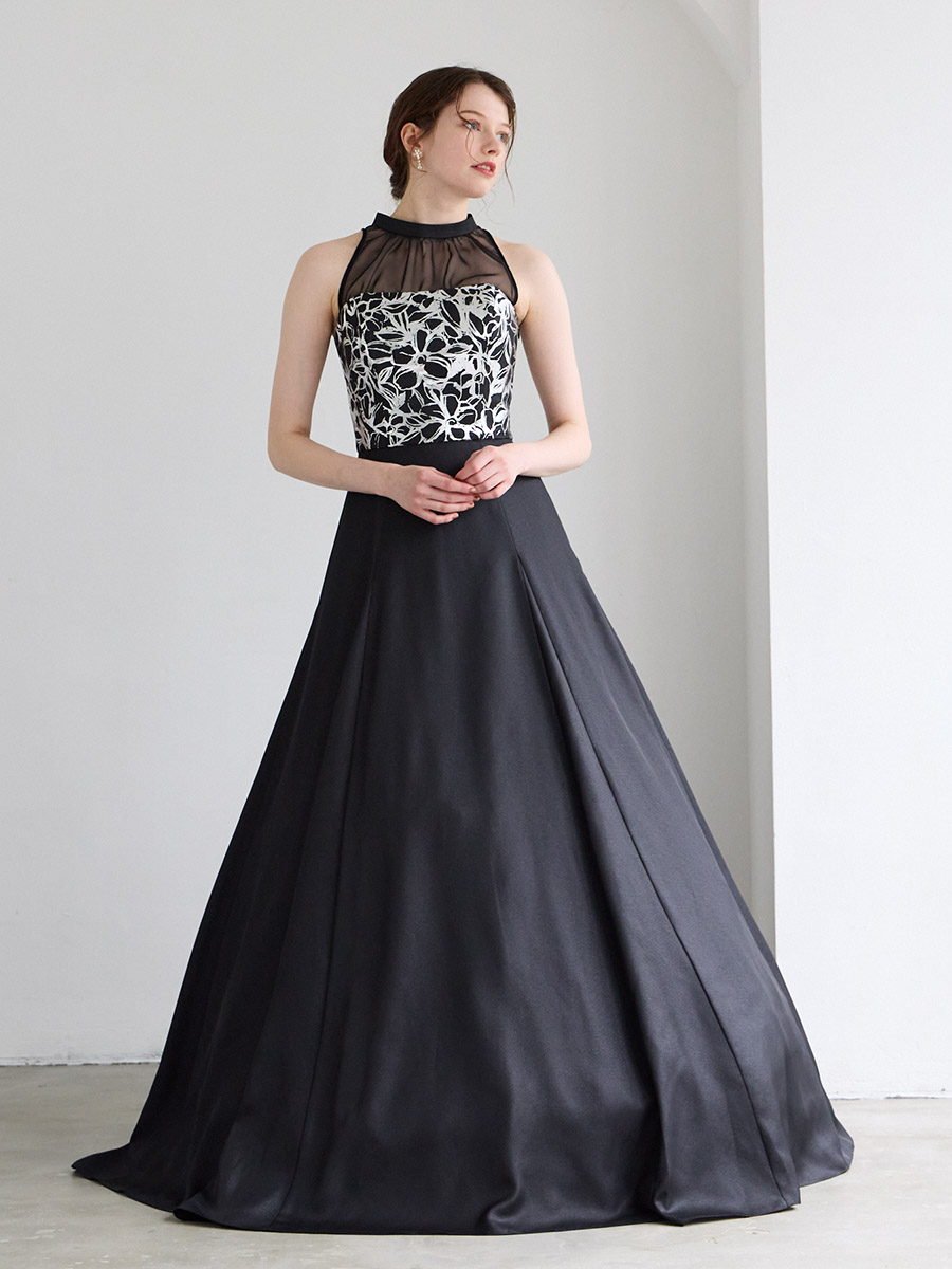 Brillante/ジョーゼット×箔加工Aライン2WAYロングドレス