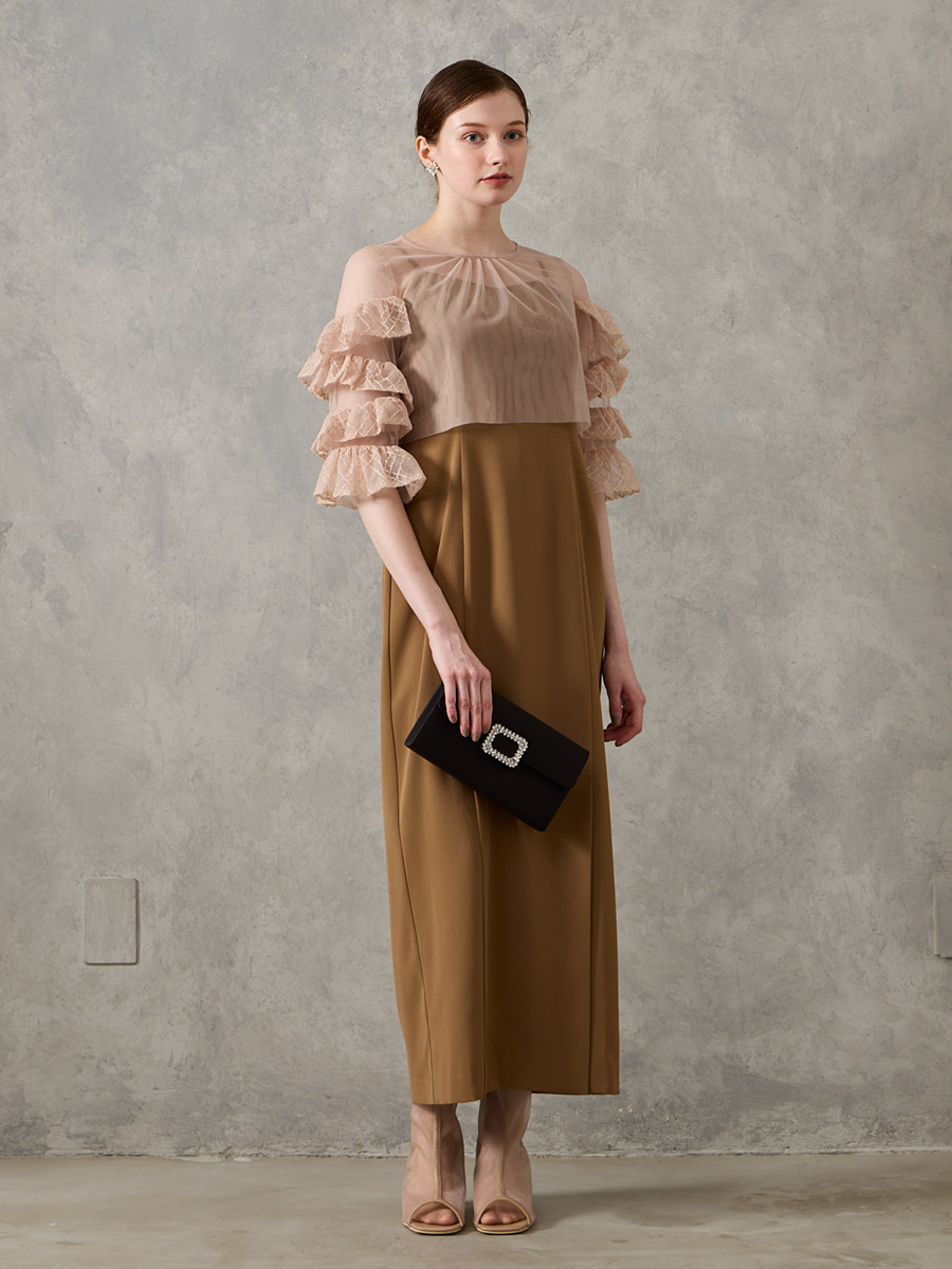 【WEB限定】チェックスパンコールフリルスリーブブラウス×サテンキャミソールタイトワンピース 2点セットドレス