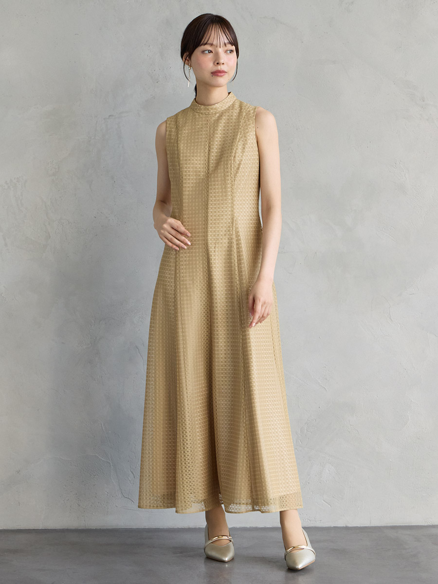 シアーチェックレースプチハイネックドレス