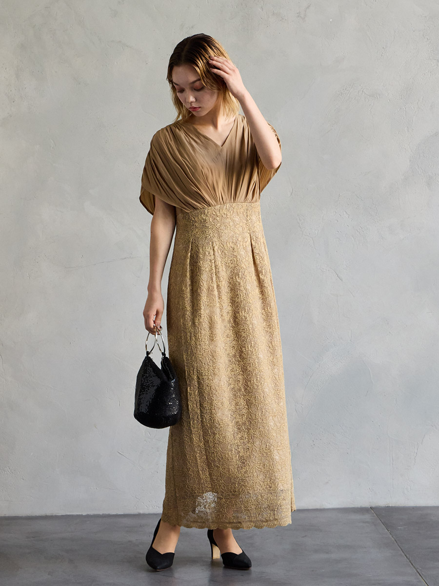 割線サテン×ラッセルレースハイウエストタイトドレス