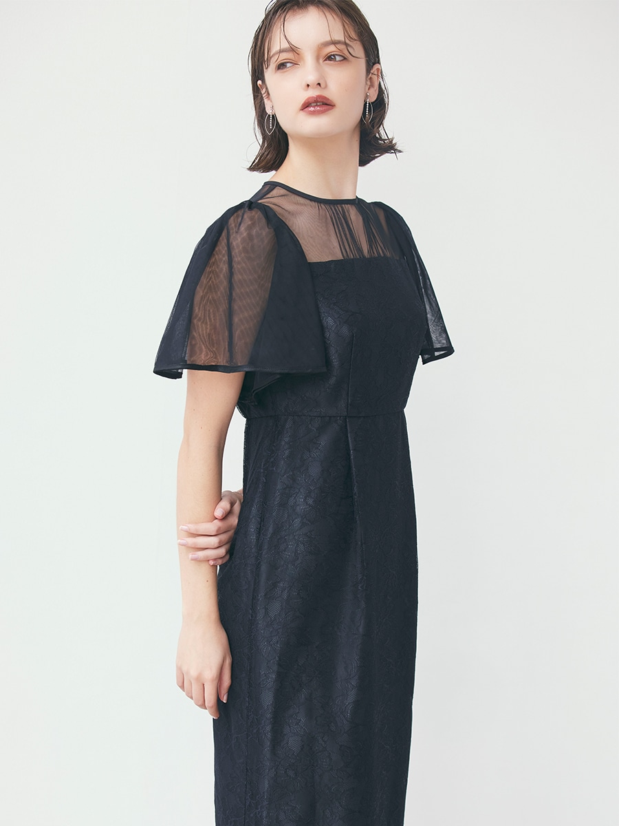 フラワーレースボリュームスリーブタイトドレス