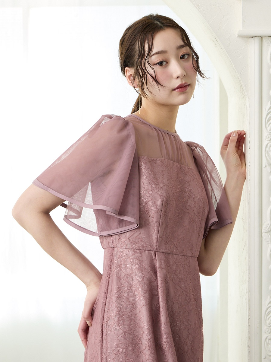 【試着キャンペーン対象】フラワーレースボリュームスリーブタイトドレス
