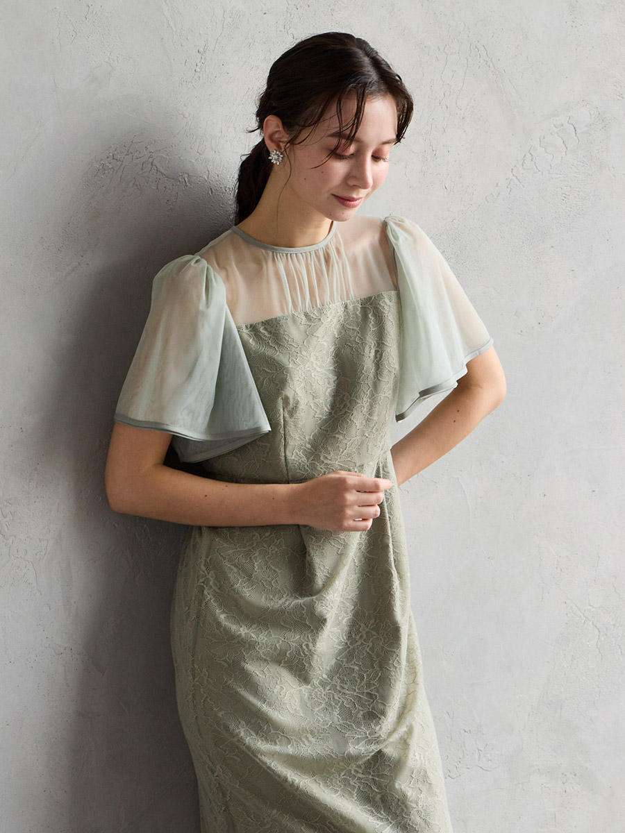 フラワーレースボリュームスリーブタイトドレス