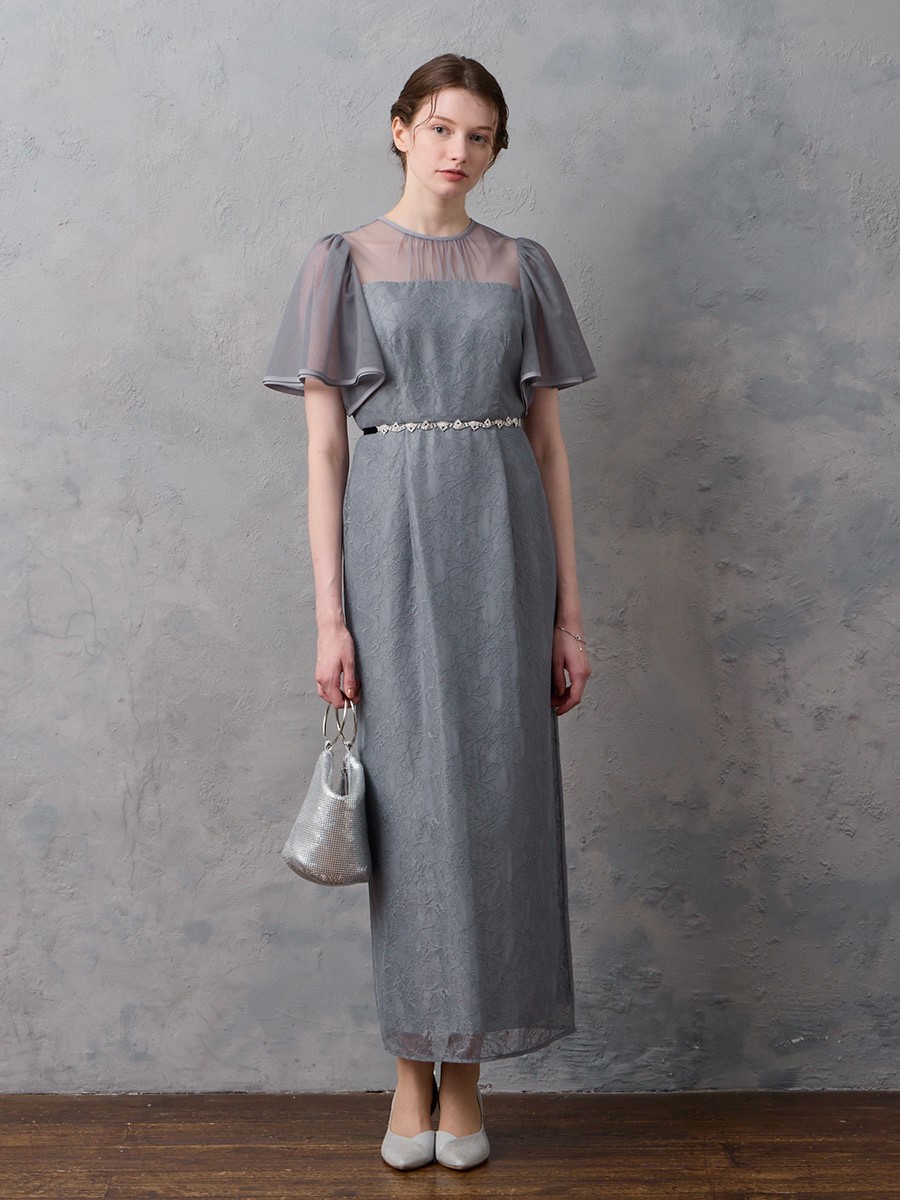 フラワーレースボリュームスリーブタイトドレス