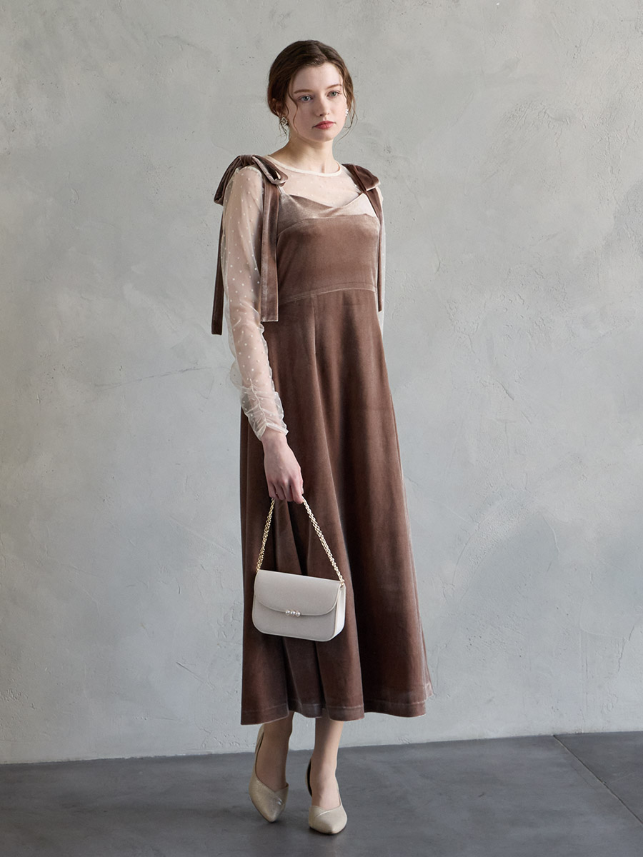 2WAYリボンショルダー付きベロアキャミソールドレス