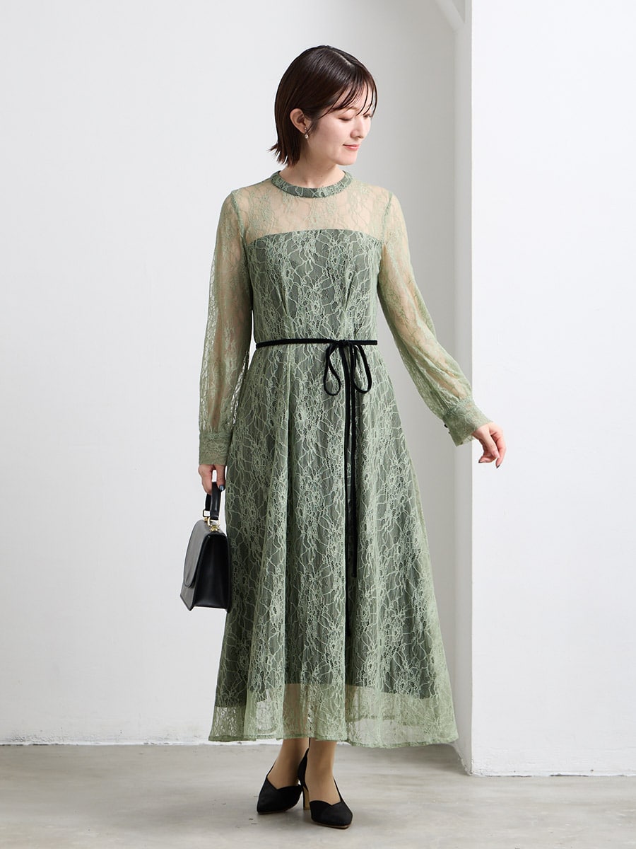 ベロアリボン付きレースワンピース