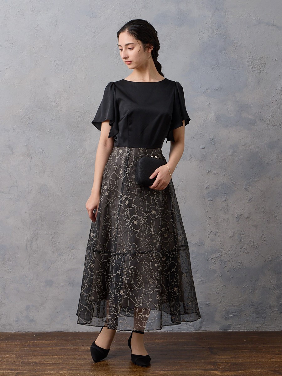 フレアスリーブ花柄プリントフレアドレス