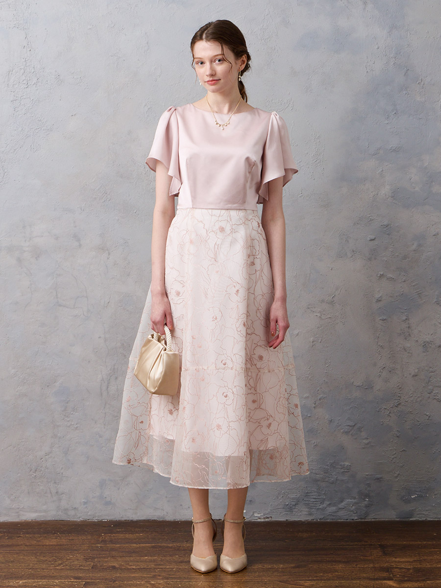 フレアスリーブ花柄プリントフレアドレス