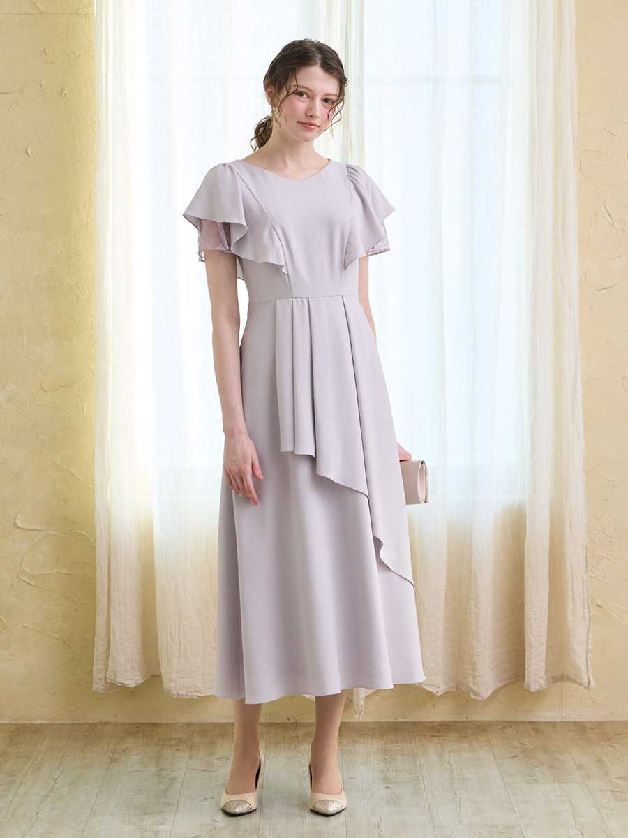 レースレイヤードスリーブラッフルスカートドレス