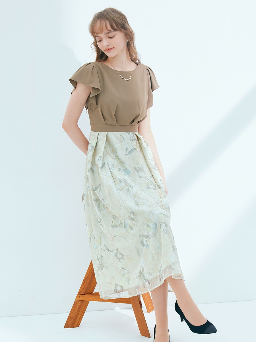 ジョーゼットプリントモール刺繍フレアドレス