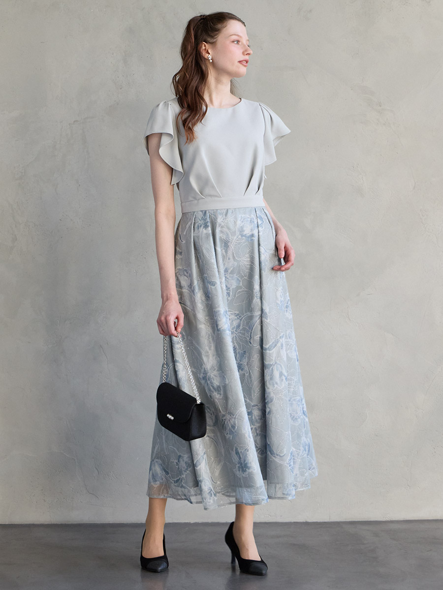 ジョーゼットプリントモール刺繍フレアドレス