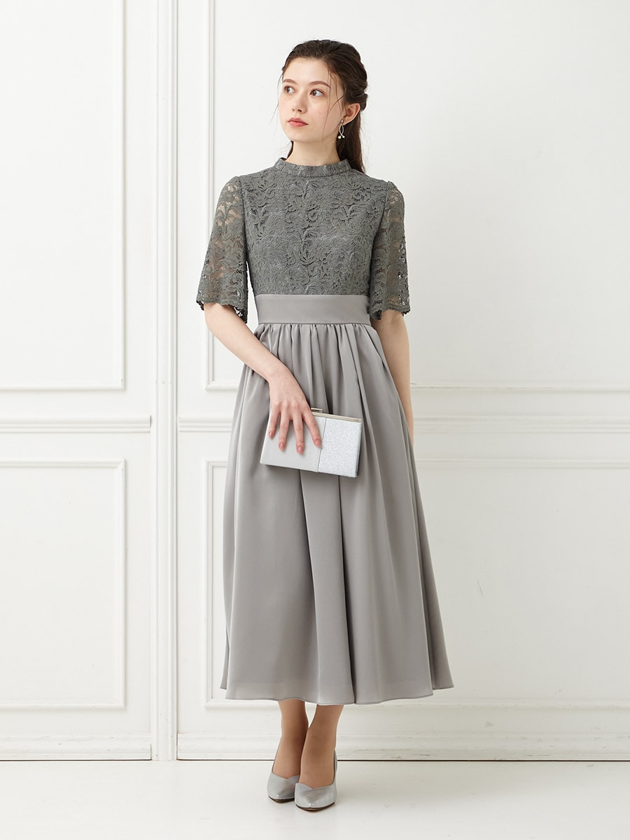 プチハイネック袖レースフレアドレス