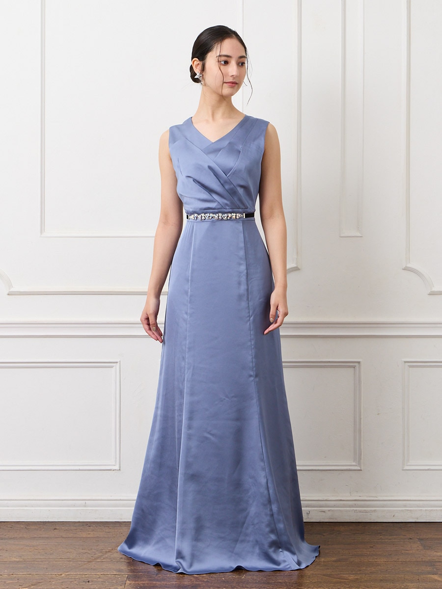タックデザインサテンロングドレス