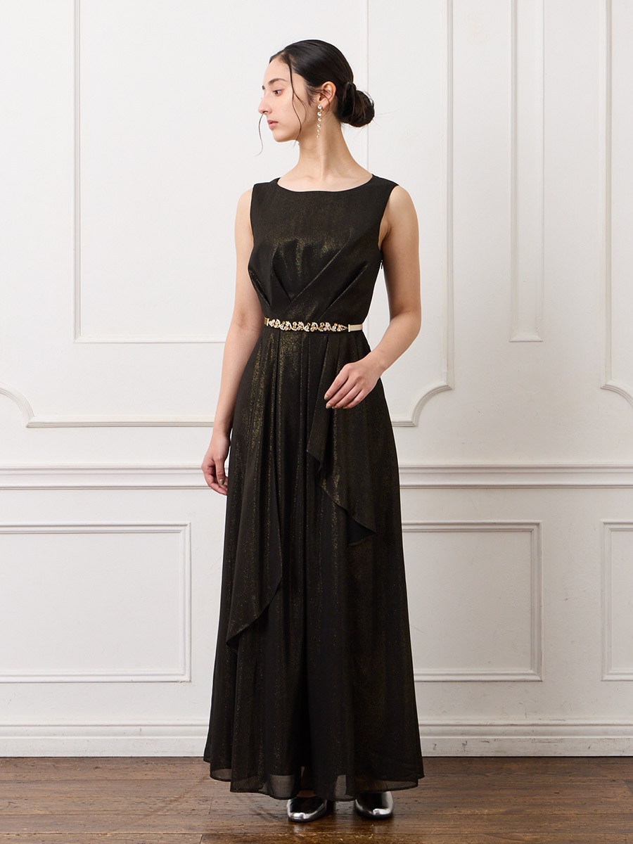 ラメジョーゼットラッフルデザインアンクル丈ドレス