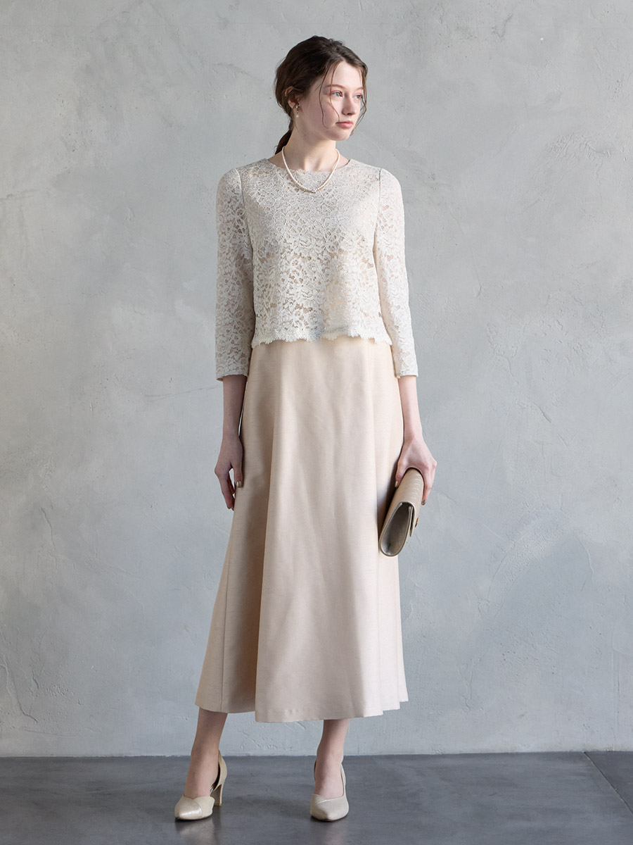 レース×シャンタンセミロングフレアドレス