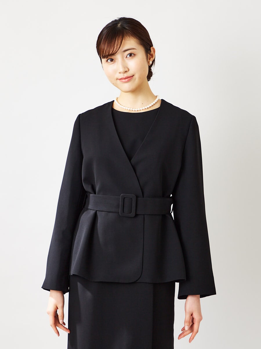 【喪服・礼服】カシュクールデザイン　ベルト付きブラックジャケット