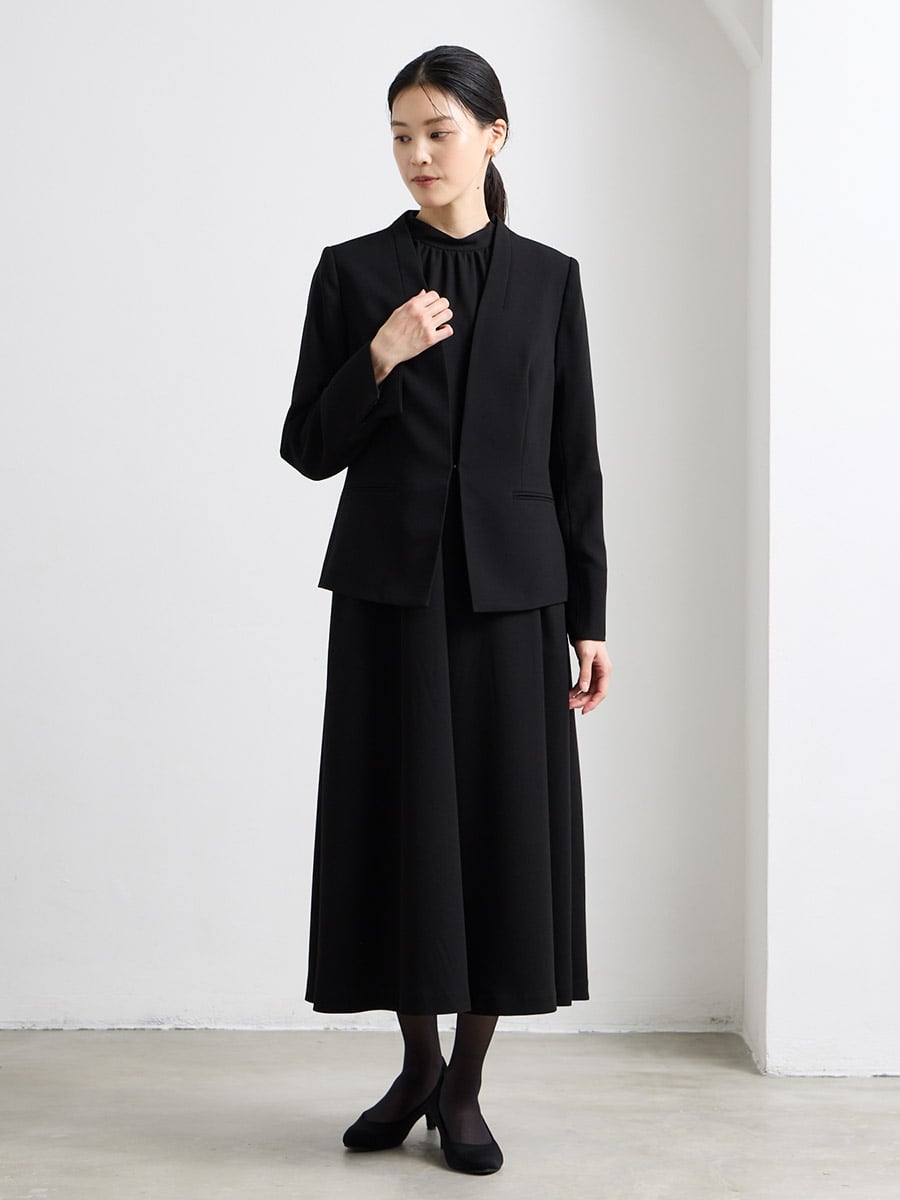 【喪服・礼服】【ウォッシャブル】ラグランスリーブテントラインブラックワンピース×Vネックノーカラージャケット2点セット