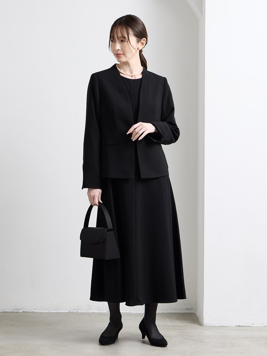 【喪服・礼服】【ウォッシャブル】カフススリーブAラインフレアブラックワンピース×ファスナー付きラグランスリーブジャケット2点セット
