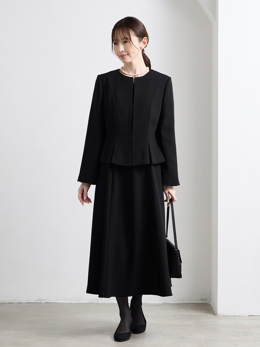 【喪服・礼服】Vネック前開きAラインブラックワンピース×ノーカラーボックスタックジャケット2点セット