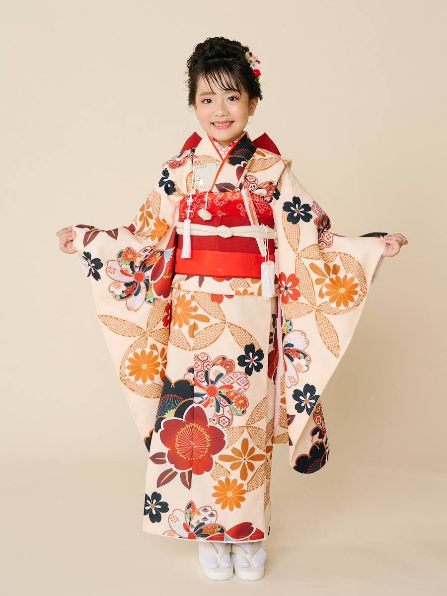 【残りわずか】【 七五三 7才 フルセット 】 桜に七宝|クリーム