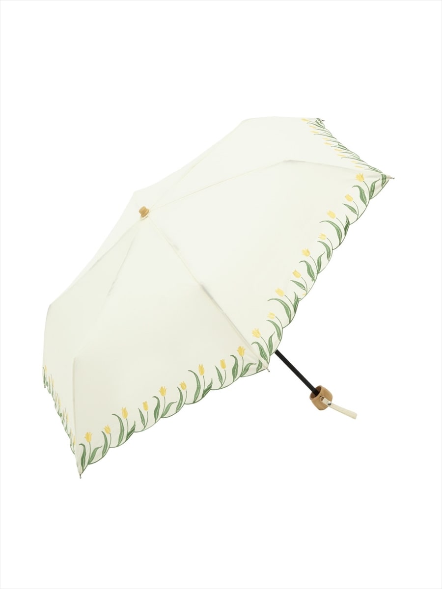 【晴雨兼用傘】折り畳み傘・チューリップ刺繍|ホワイト
