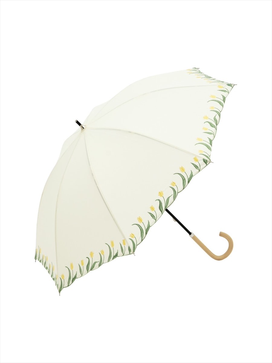 【晴雨兼用傘】長傘・チューリップ刺繍|ホワイト