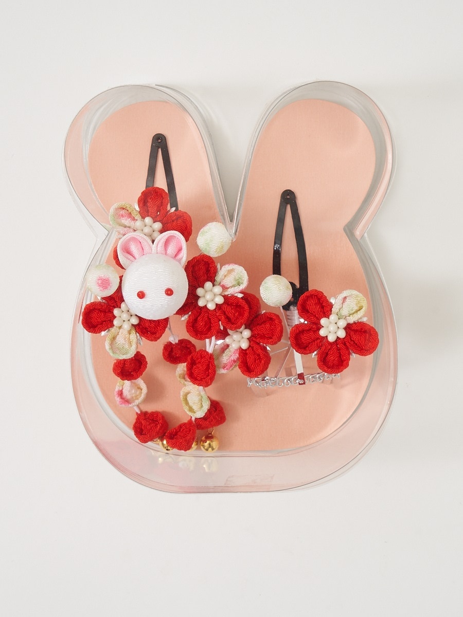 【ラスト1点】【七五三 髪飾り】つまみ細工　うさぎ|レッド