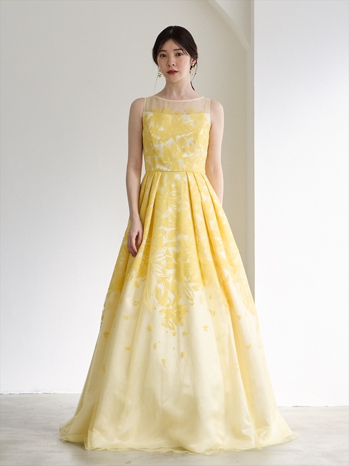 luxe flower/チュール×ラメフロッキーロングドレス|イエロー