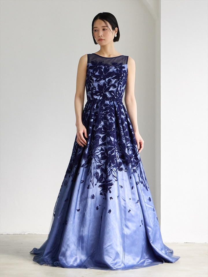 luxe flower/チュール×ラメフロッキーロングドレス|パープル