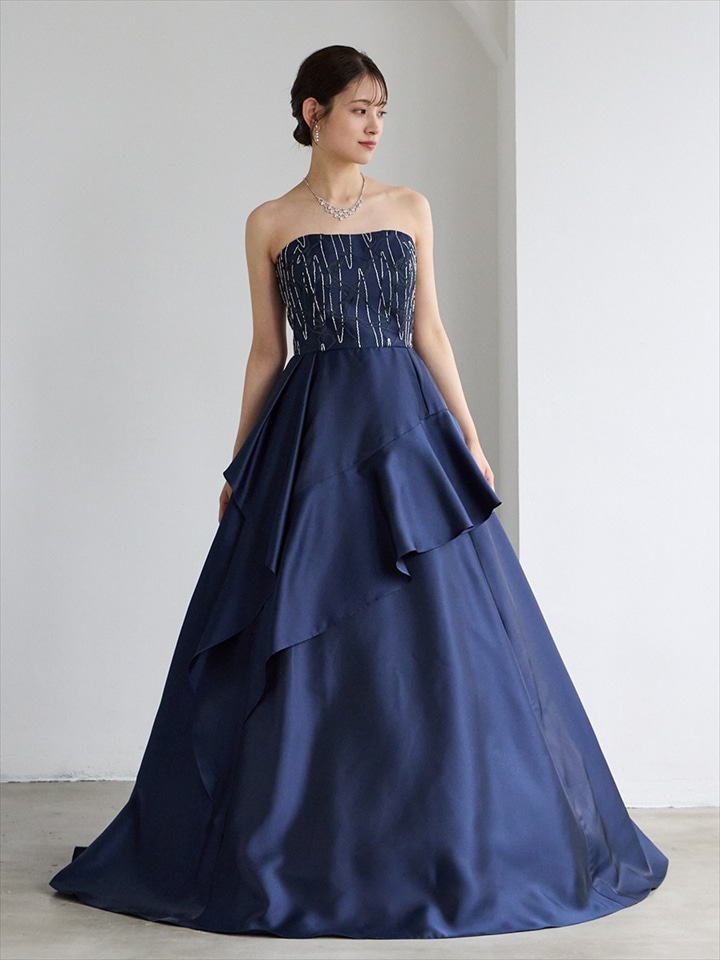 Ondes/シャンブレーツイル×刺繍Aラインドレス|ネイビー