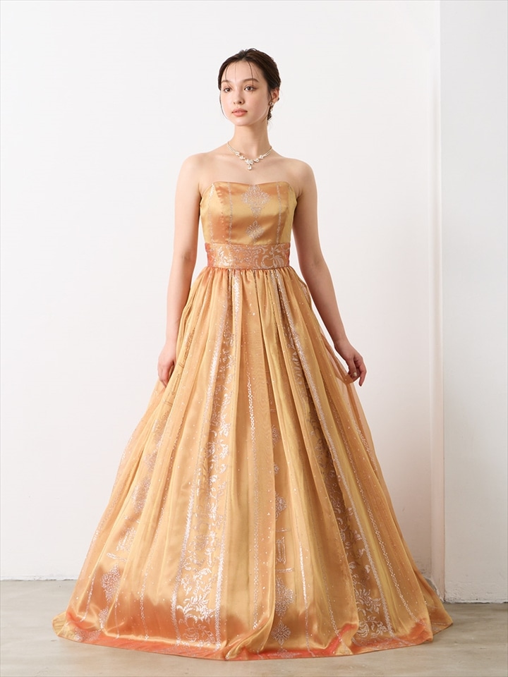 Arabella/シャンブレーオーガンジー×ラメグリッタードレス|オレンジ