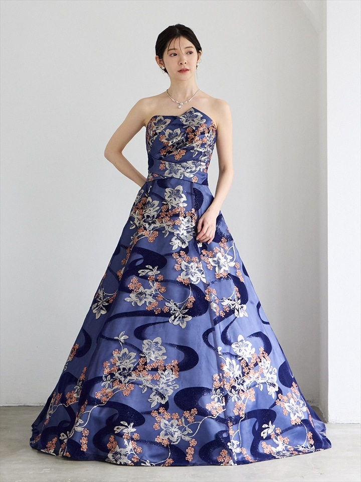 Ripple/ラメフロッキー×ラメグリッターロングドレス|ネイビー