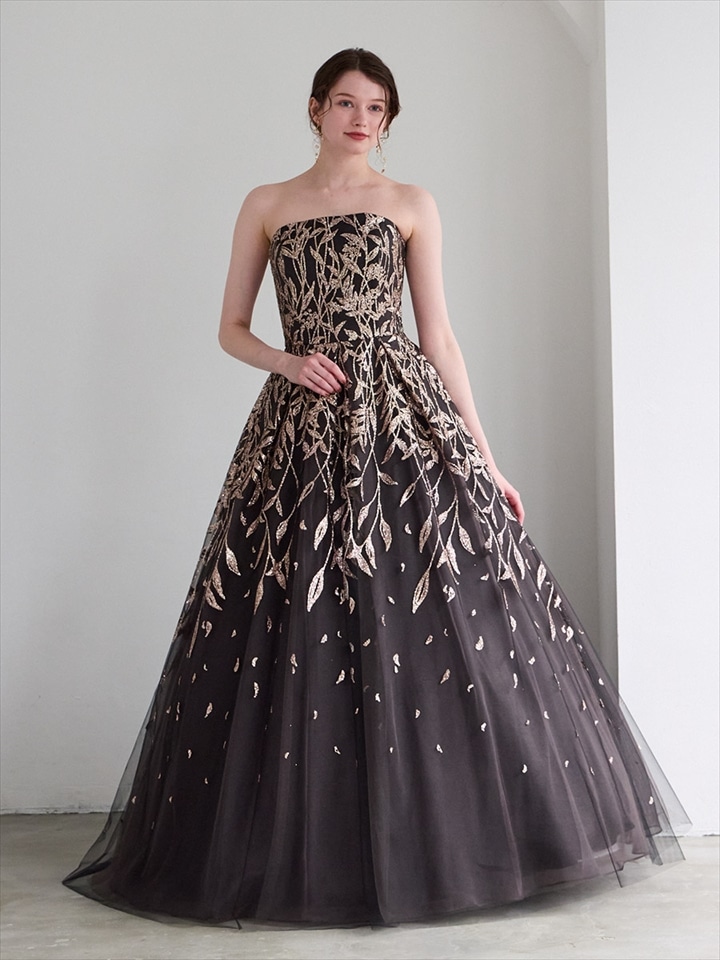Canora/ハードチュール×リーフモチーフラメグリッターロングドレス|チャコールグレー